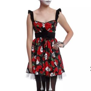 Hot Topic Day Of The Dead Red & Black Roses & Skulls Lace-Up Dress Size Medium